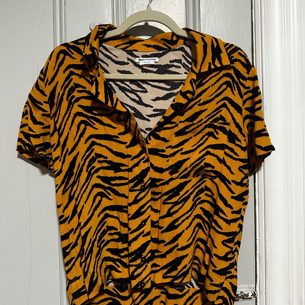Reformation Tiger Print Button Down Shirt - Black and Orange
